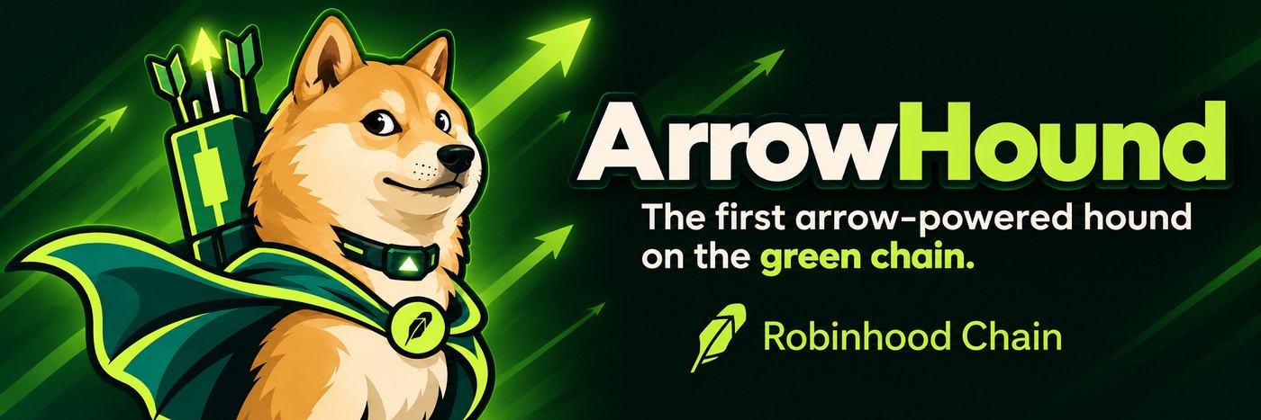 ArrowHound running beside rising green arrows on Robinhood Chain