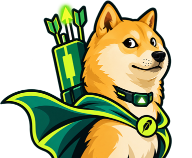ArrowHound: a shiba inu in a teal cape carrying a quiver of glowing green arrows
